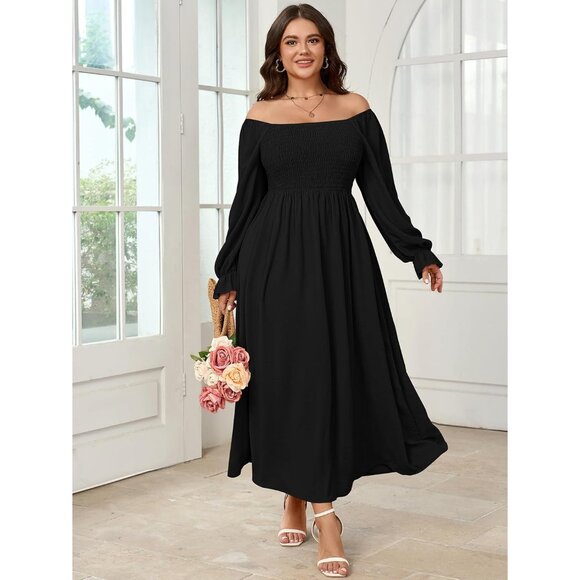 Plus Size Maxi Dress Long Sleeve Square Neck Smocked Boho Wedding Party - Picture 3 of 7